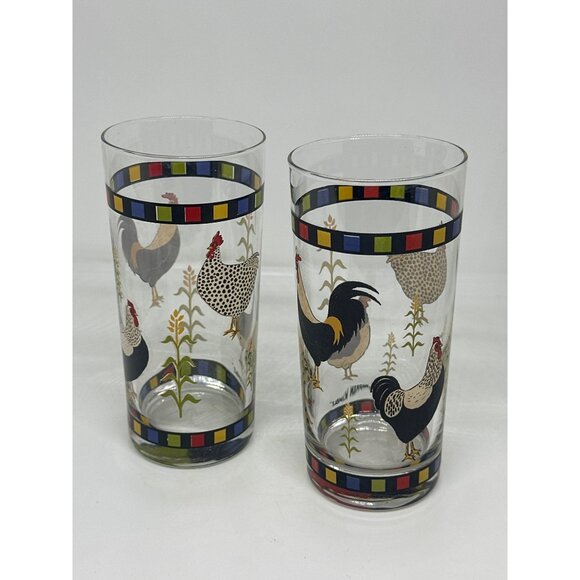 VTG Warren Kimble Country Quartet Rooster Tumblers Set of 2 | 14oz Farmhouse 6" - Picture 2 of 6